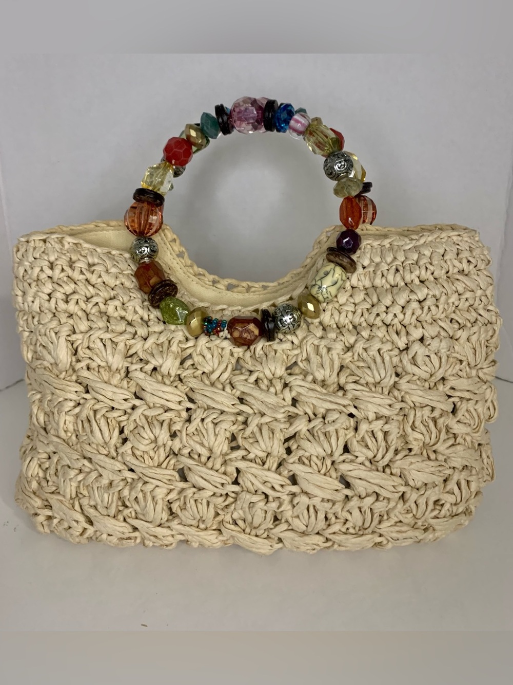 Beaded Handle Crochet Straw Tote Bag in Cream